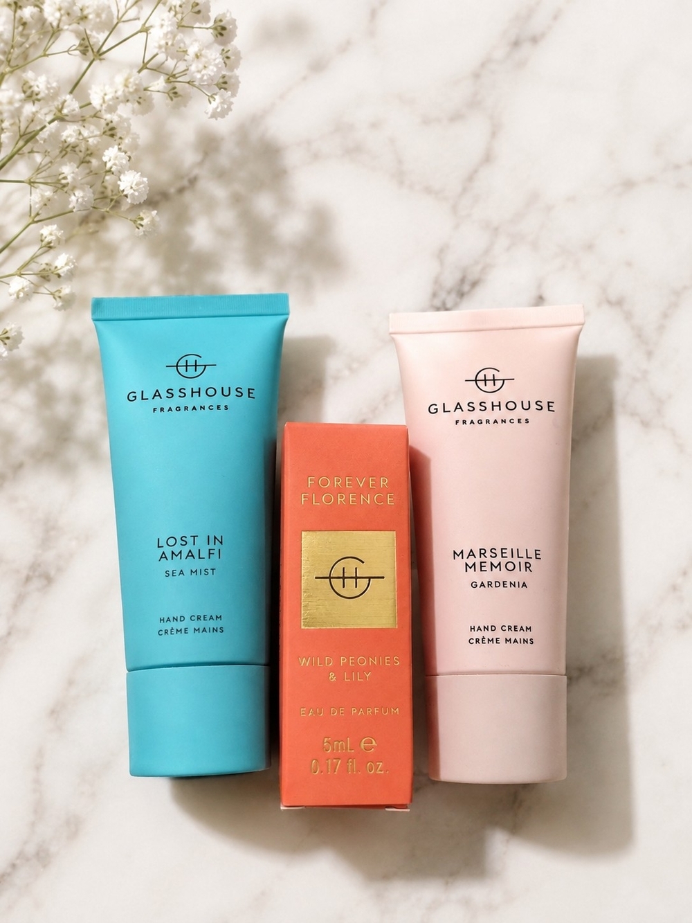 Glasshouse Lost in Amalfi, Marseille Memoir Hand Cream & Wild Peonies & Lily 5ml